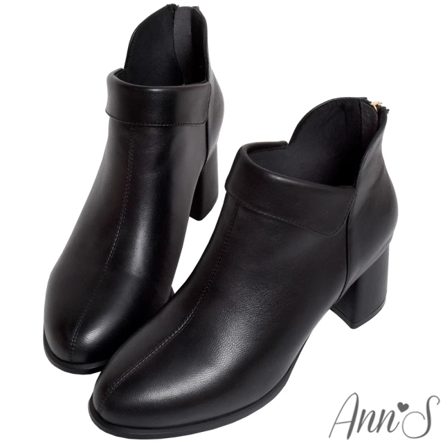 【Ann’S】史黛拉-顯瘦V口立體反折真皮小羊皮粗跟短靴5.5cm(黑)
