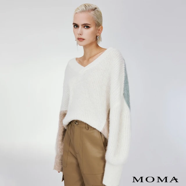 【MOMA】V領拼色落肩毛衣(白色)
