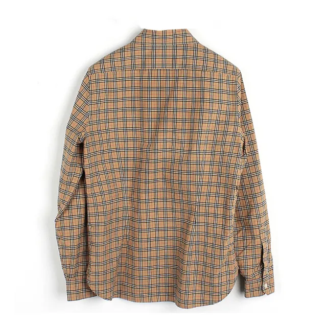 【BURBERRY 巴寶莉】8003121 經典棕色小格紋棉質長袖襯衫(棕色M號)