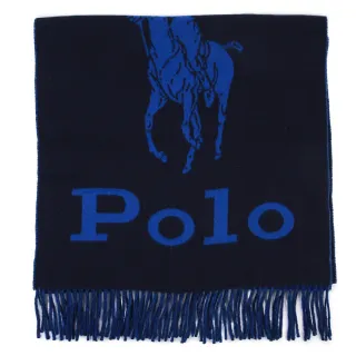 【RALPH LAUREN】POLO經典大馬LOGO雙色羊毛流蘇圍巾(深藍/藍色)