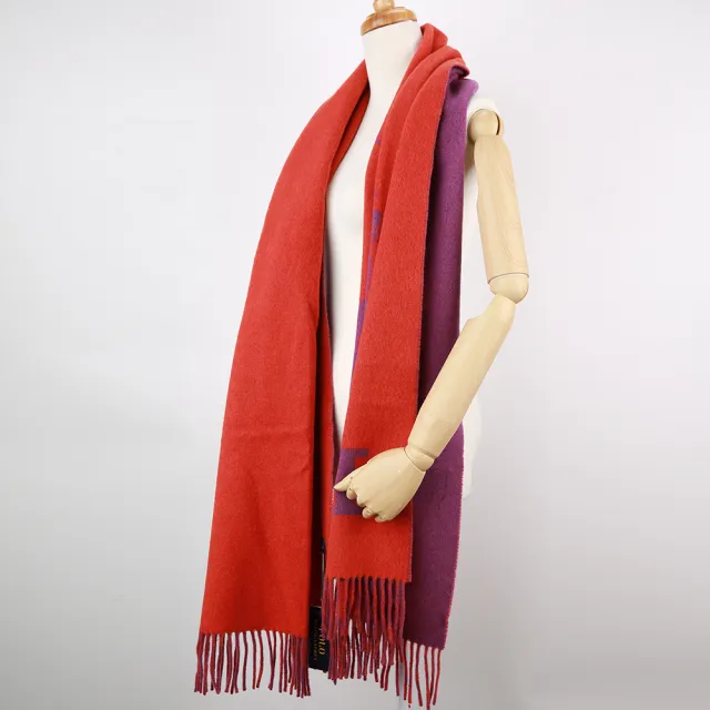 【RALPH LAUREN】POLO經典大馬LOGO雙色羊毛流蘇圍巾(紫色/莓紅)