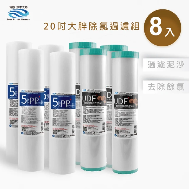 怡康 20吋大胖除氯過濾型濾心8支組 5微米PP UDF椰殼活性碳(全屋淨水 本商品不含安裝)