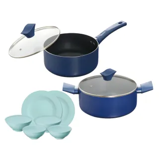 【BLACK HAMMER】璀璨藍超導磁不沾24cm雙耳湯鍋+20cm牛奶鍋-附鍋蓋