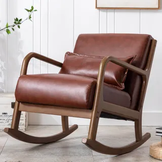 【E-home】Darcy達西PU面實木框單人休閒搖椅 3色可選(網美椅 會客椅 美甲 主人椅)