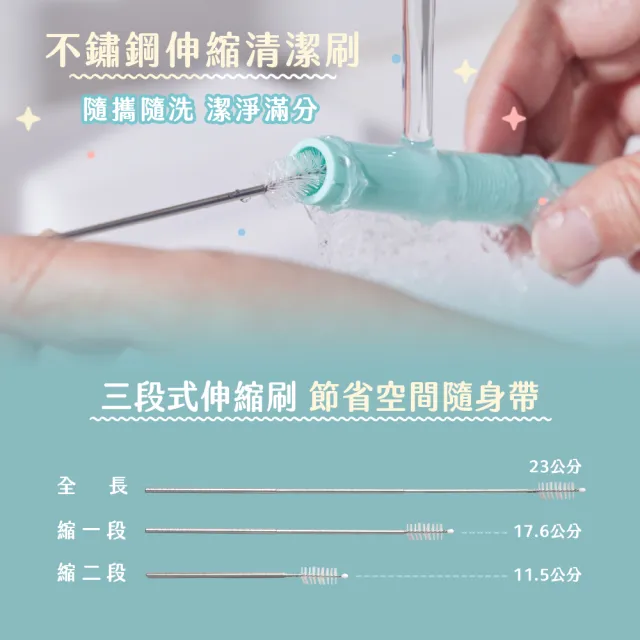 【仁舟淨塑】環保矽吸管_薄荷藍_附三稜膜戳+伸縮刷(食品級矽膠/再生收納袋/矽膠吸管/ 珍珠吸管/軟吸管)