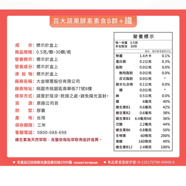 【宏醫生技】百大蔬果酵素素食B群+鐵/B群+素食B群+鋅(30粒/瓶-任選5盒)