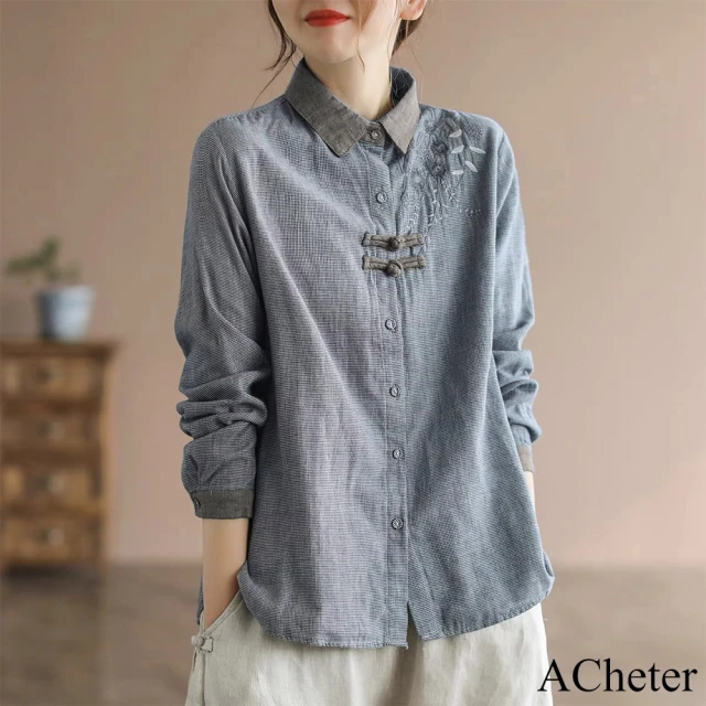 【ACheter】文藝復古細格子襯衫大碼民族風刺繡風盤扣長袖短版上衣#115707(藍色)