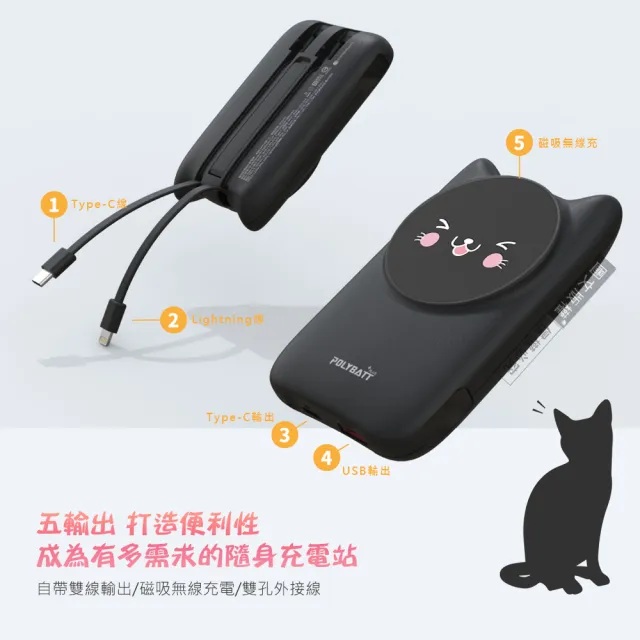 【POLYBATT】撒嬌貓咪 10000mAh Magsafe多合一快充行動電源(磁吸無線充電/自帶線)