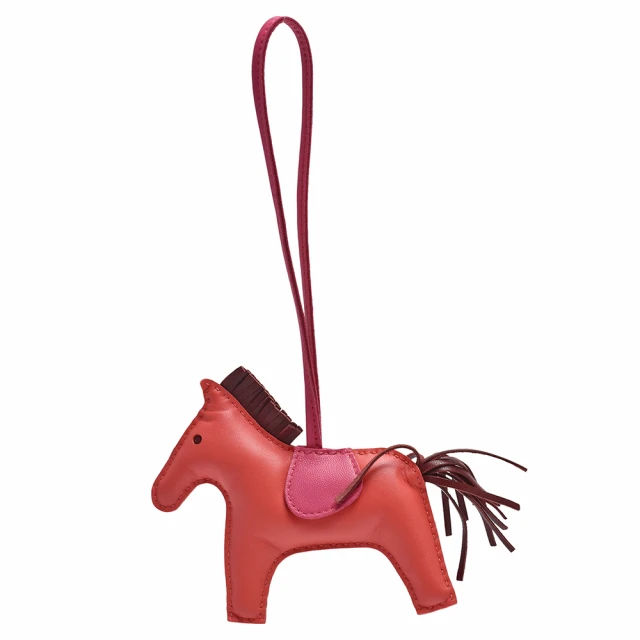 【Hermes 愛馬仕】RODEO GM 馬兒造型拼色小羊皮鑰匙圈/吊飾(大-火焰紅/粉色H064931CA-RED-PINK)