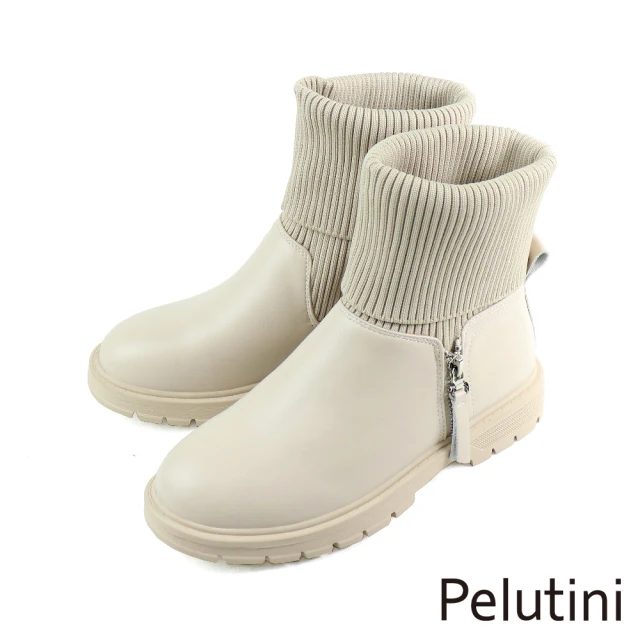 PelutiniPelutini 保暖休閒真皮拼接拉鍊半襪靴 象牙白(337002W-IV)