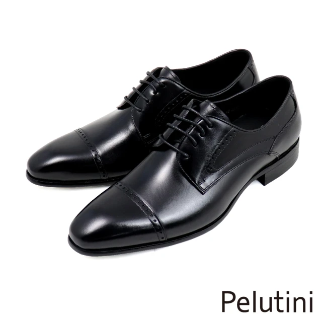 Pelutini 經典透氣軟墊綁帶休閒皮鞋 黑色(31200