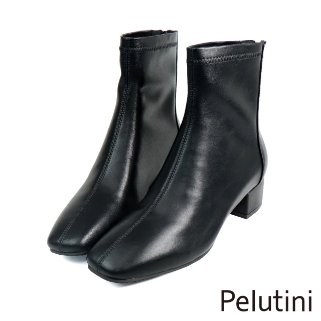 Pelutini 經典素面方頭粗跟拉鍊短襪靴 黑色(PE2022W-BL)