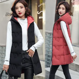 【Amay Style 艾美時尚】中大尺碼女裝 雙面穿修身中長版仿羽絨保暖鋪棉連帽背心。M-3XL(5色.現貨+預購)