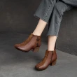【Vecchio】真皮短靴 粗跟短靴/全真皮頭層牛皮香雲紗拼接小圓頭粗跟短靴(棕)