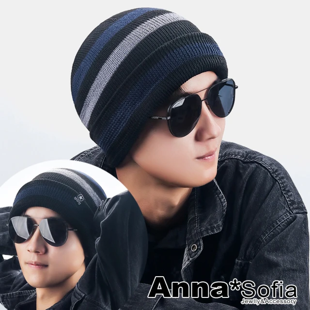 AnnaSofia 針織帽套頭貼頭毛帽-星標層色 現貨(黑藍系)