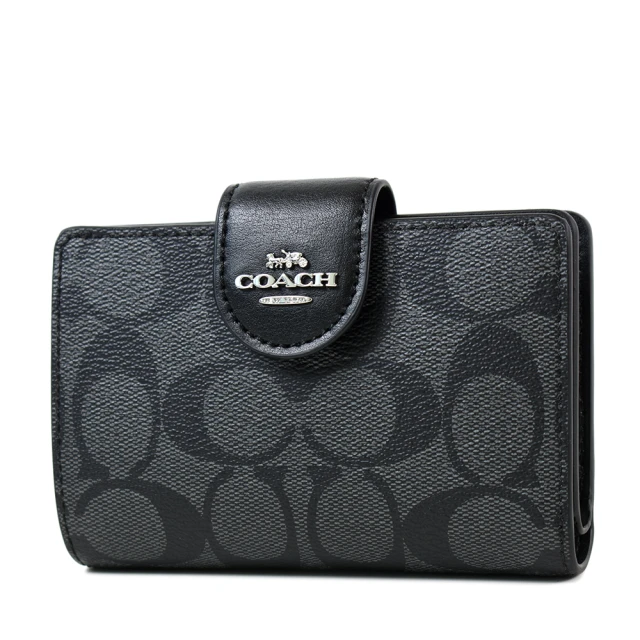 COACH 專櫃款 滑面皮革釦式拉鍊袋短夾-黑色好評推薦