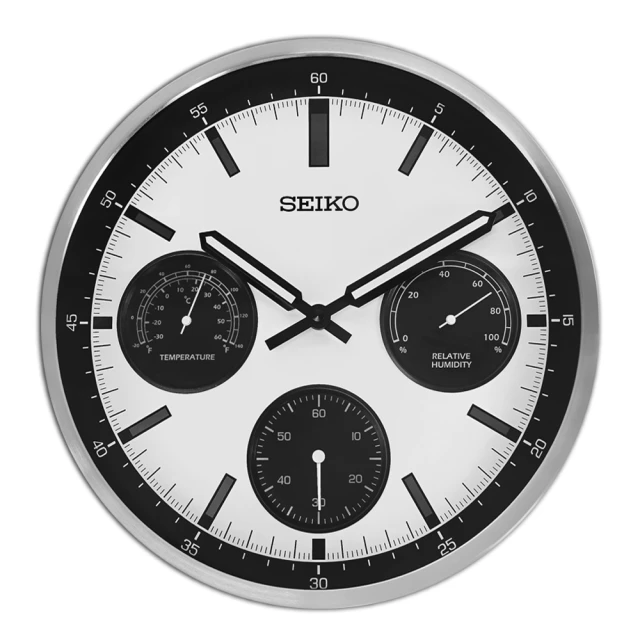 SEIKO 精工 33cm 熊貓錶造型 溫度溼度 滑動式秒針 餐廳客廳臥室 掛鐘(白黑x銀框 / QXA823S)