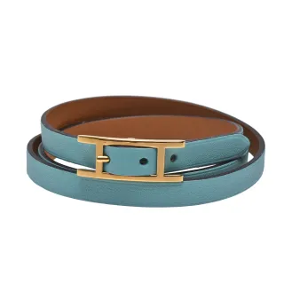【Hermes 愛馬仕】經典Hapi 3 MM系列小牛皮H LOGO穿釦雙圈手環(綠/金H066194CD-GREEN)