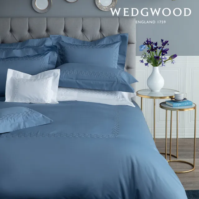 【WEDGWOOD】600織長纖棉六角菱格刺繡 鬆緊床包-雋永系列 灰瓦藍(加大)