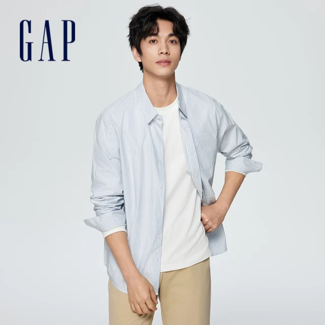 GAPGAP 男裝 Logo純棉翻領長袖襯衫-藍白條紋(891052)