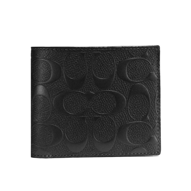 COACH 金字金屬LOGO荔枝紋皮革釦式短夾(黑)品牌優惠