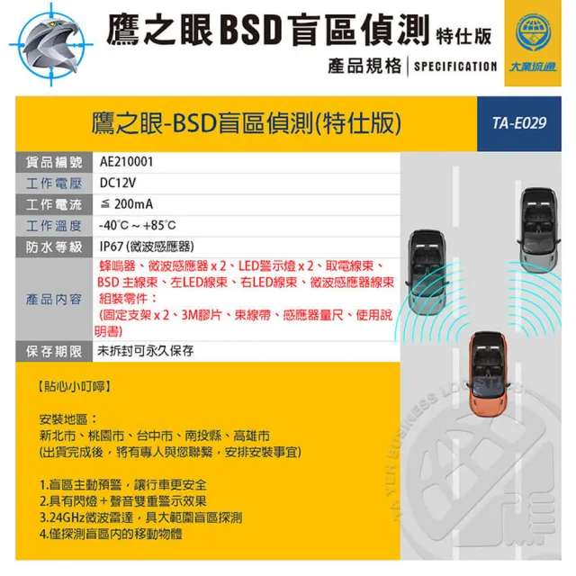 【鷹之眼】含到府安裝 BSD汽車盲點偵測輔助警示系統-特仕版(AI智慧偵測 盲區預警 雙安全警示)