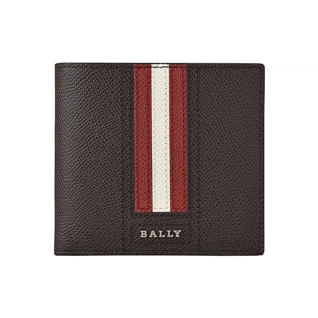 BALLY 經典紅白紅條紋荔枝紋牛皮摺疊包短夾(黑X紅622