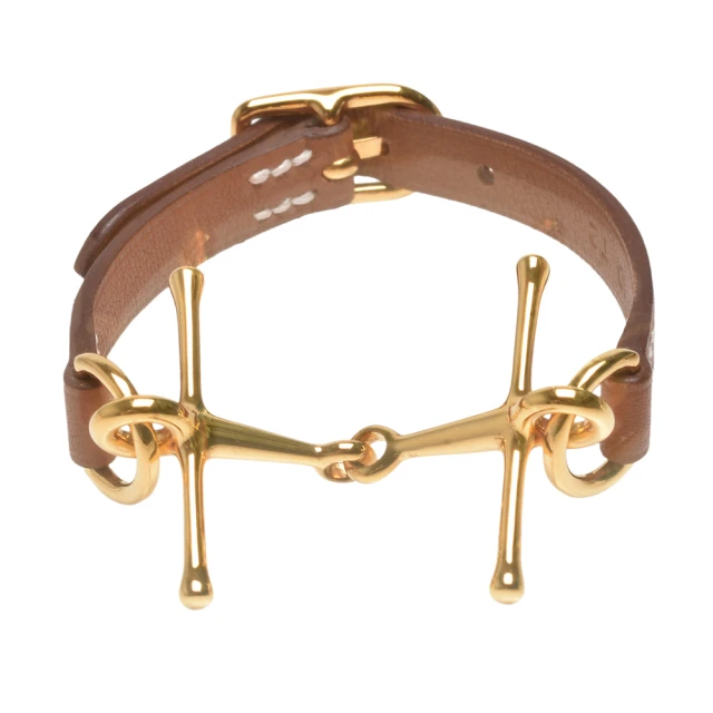 【Hermes 愛馬仕】Mors bracelet Swift牛皮H LOGO穿釦手環(棕X金H072942CC-BROWN)