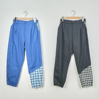 【Dailo】牛仔格紋剪接縮口長褲(藍 黑)