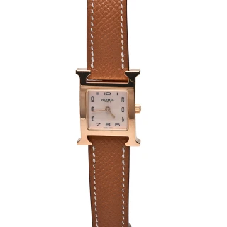 【Hermes 愛馬仕】H PM系列小牛皮金框白色錶盤石英女仕腕錶(棕色/21mm-3512248)