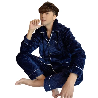 【I-meteor】大尺碼-男款厚實壓曲紋襯衫式口袋水貂絨長袖二件式睡衣組 家居男睡衣(PA4366-深度藍)