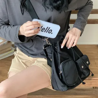 【LEESA】雙11 尼龍抽繩包\水桶包\大容量包包\尼龍斜背包\工裝包\黑色包包\奶茶色包包\日系包包