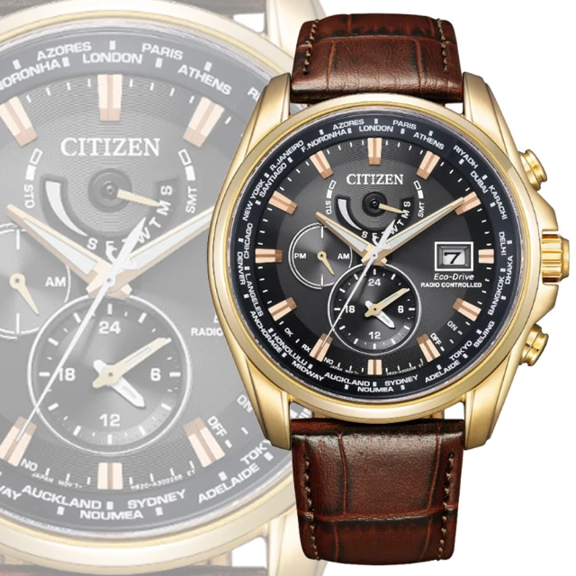 CITIZEN 星辰 GENTS 光動能 電波對時萬年曆腕錶-棕色皮錶帶44mm(AT9123-13E)