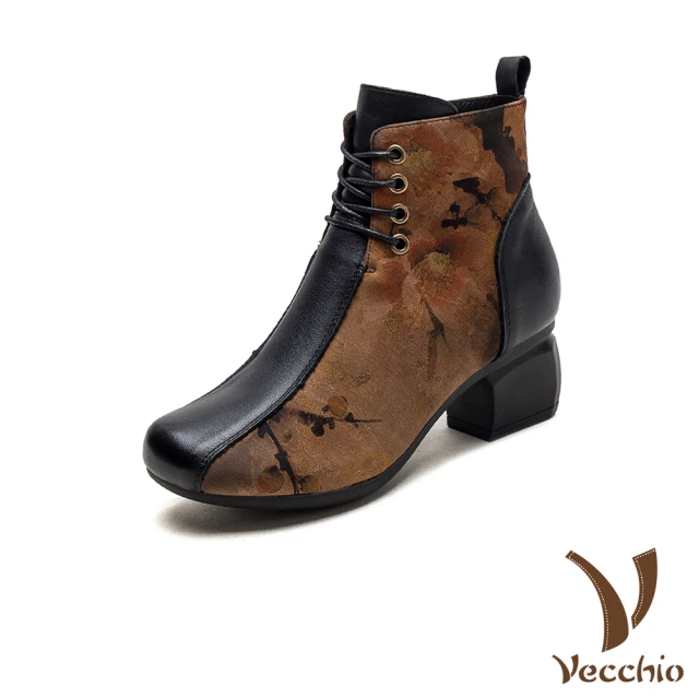 Vecchio 真皮短靴 粗跟短靴/全真皮頭層牛皮香雲紗拼接個性繫帶騎士靴 粗跟短靴(黑)