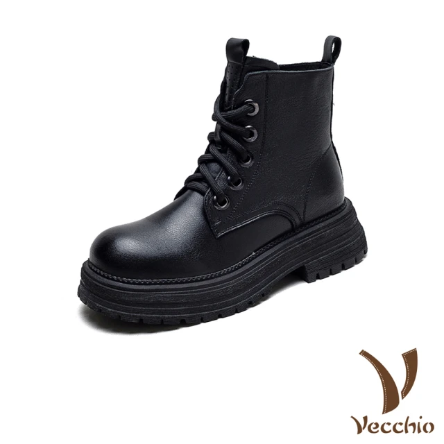 VecchioVecchio 真皮馬丁靴 厚底馬丁靴/真皮頭層牛皮厚絨保暖個性厚底馬丁靴(黑)
