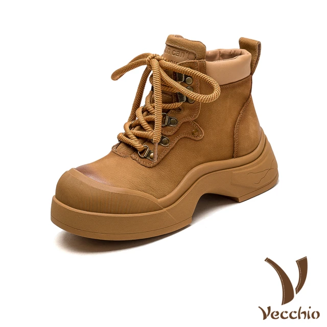 VecchioVecchio 真皮馬丁靴 厚底馬丁靴/真皮頭層牛皮手工擦色護趾設計厚底繫帶馬丁靴(黃)