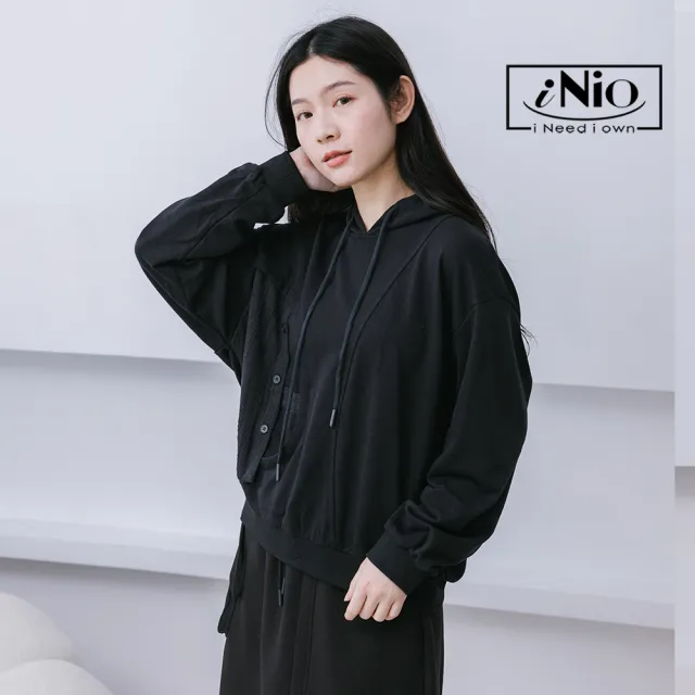 【iNio 衣著美學】長袖上衣 冬新品 現貨 拼接 抽繩 連帽上衣 長袖棉T(CCW1649)