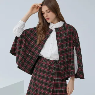 【ILEY 伊蕾】經典英倫風格紋混羊毛斗篷式外套(紅色；M-L；1233024638)