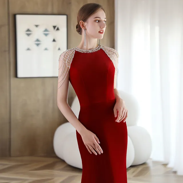 【女神婚紗禮服】典雅珍珠香肩美背魚尾晚禮服PLGZ-2202酒紅色(喜氣敬酒宴會 拉鍊款晚禮服)