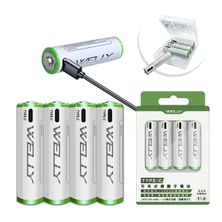 【WELLY認證版】新型Type-C孔 750mWh USB可充式 鋰離子4號AAA充電電池-一卡4入裝(附電池盒)