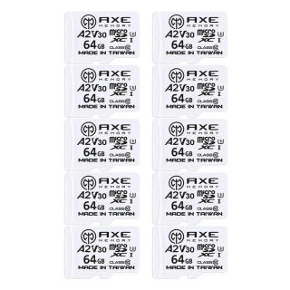 【AXE MEMORY】MicroSDXC 64GBX10入 A2 V30/ UHS-I U3 4K-附轉卡 記憶卡(日本原廠直營)