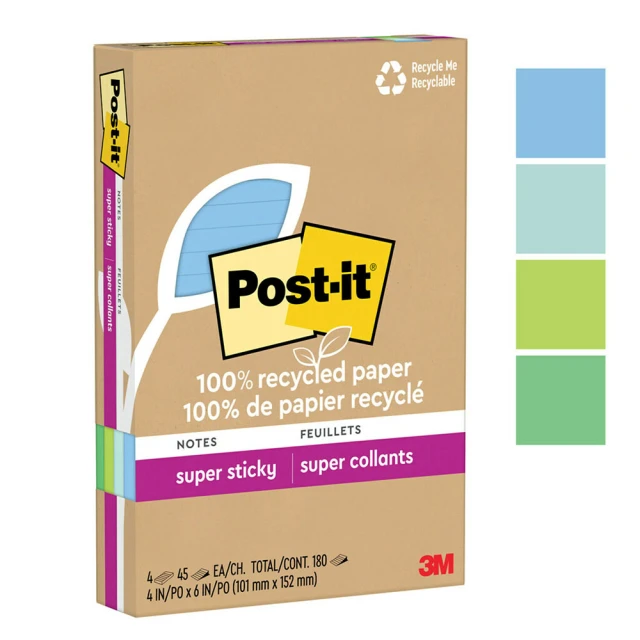 3M Post-it 利貼 狠黏 環保橫格便條紙 101x152mm（45張 /本）混色4本 /盒 4621R-4SST