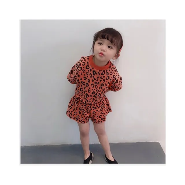 【安朵童舖】現貨韓版女童套裝豹紋短袖T恤上衣女寶短褲套裝童裝衣服(04)