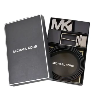 【Michael Kors】男款 緹花LOGO小MK雙釦頭雙面用寬版皮帶禮盒組-咖啡色