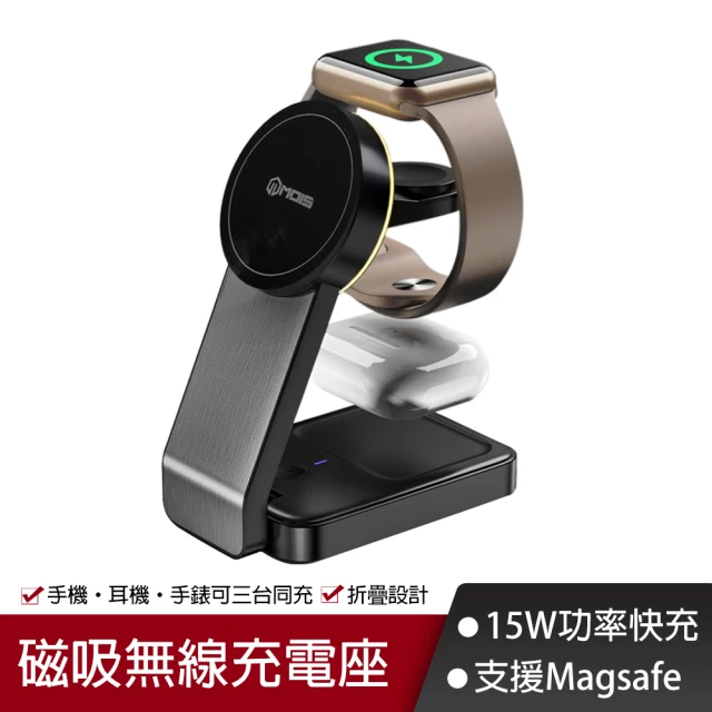 MOIS摩世 15W折疊式三合一磁吸無線充電座(無線/Magsafe)