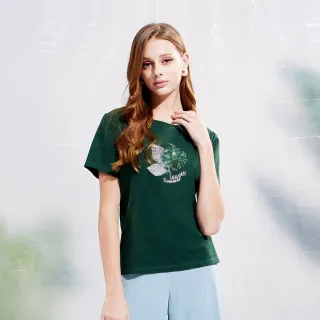 【MYVEGA 麥雪爾】高含棉樹葉刺繡亮片造型T恤-墨綠(2024春夏新品)