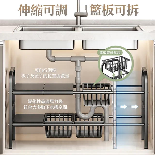 【cheaper 居家】可調式下水槽伸縮置物架(流理臺置物架/廚房收納架/伸縮置物架/洗手台架/伸縮架)