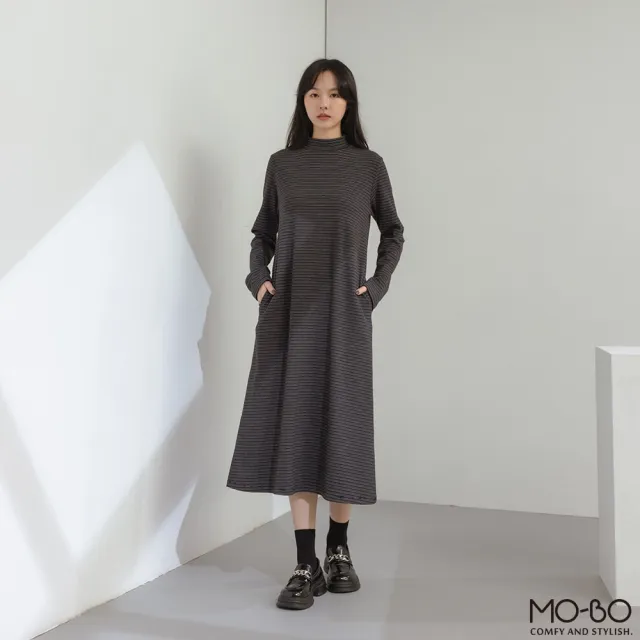 【MO-BO】MIT磨毛條紋寬鬆高領洋裝