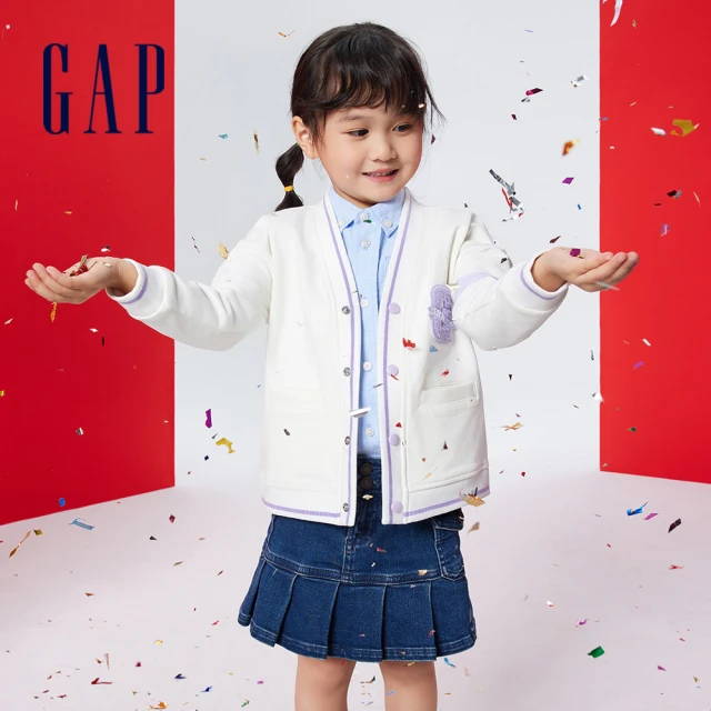 【GAP】女幼童裝 Logo刺繡V領針織外套-白色(892049)
