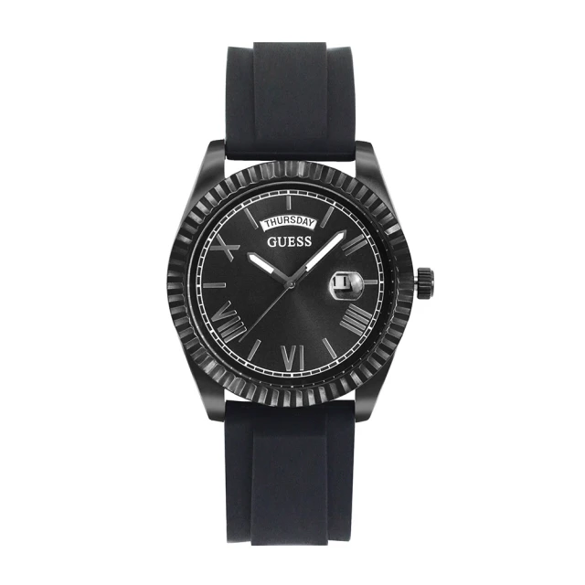 GUESS 黑色系 羅馬刻度腕錶 矽膠錶帶 手錶 星期日期窗格顯示(GW0335G1)